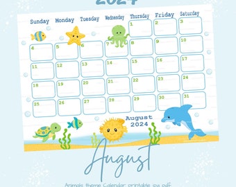 August Calendar printable - 2024 August Planner - Calendar August 2024 - ANIMALS theme Planner - Seaworld - Download monthly - pdf - jpg