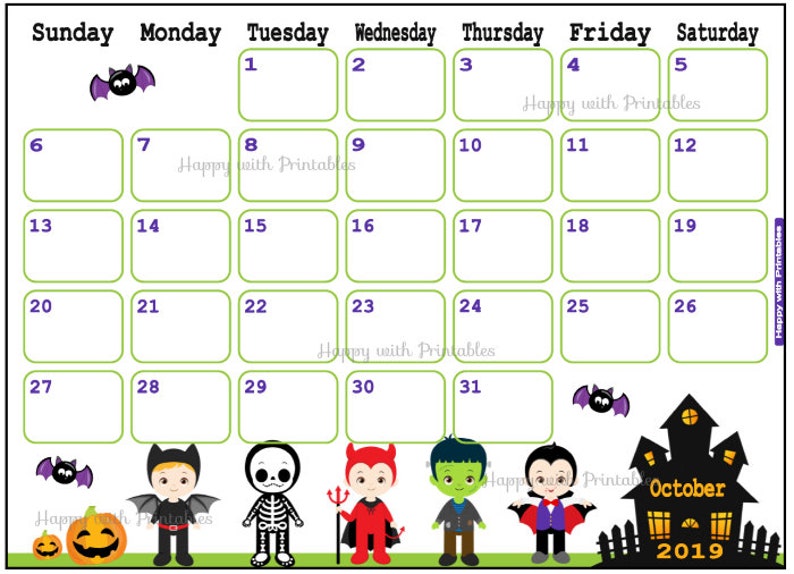 Calendar October 2019 Halloween Planner Printable Cute | Etsy