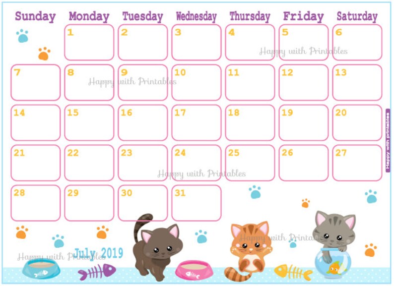 calendar july 2019 cute cats planner printable cute etsy