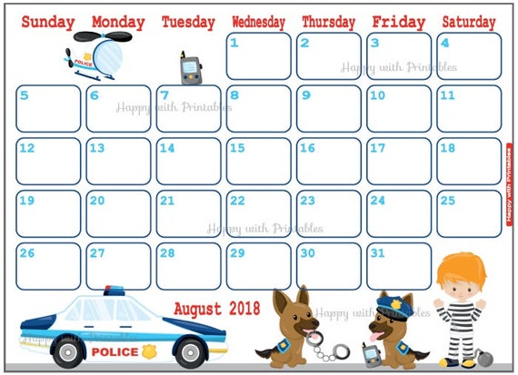 calendar august 2018 police theme printable cute planner etsy