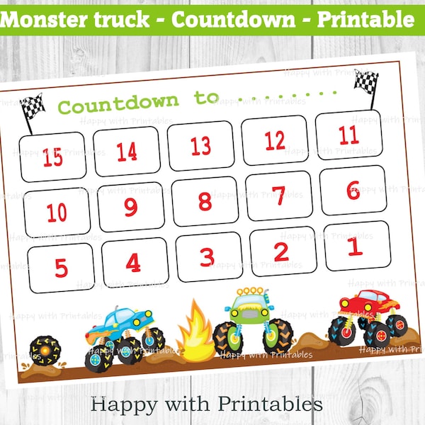 Countdown Calendar Monster trucks theme - Countdown Printable - Monster trucks theme countdown - countdown - 10 days or 15 days until