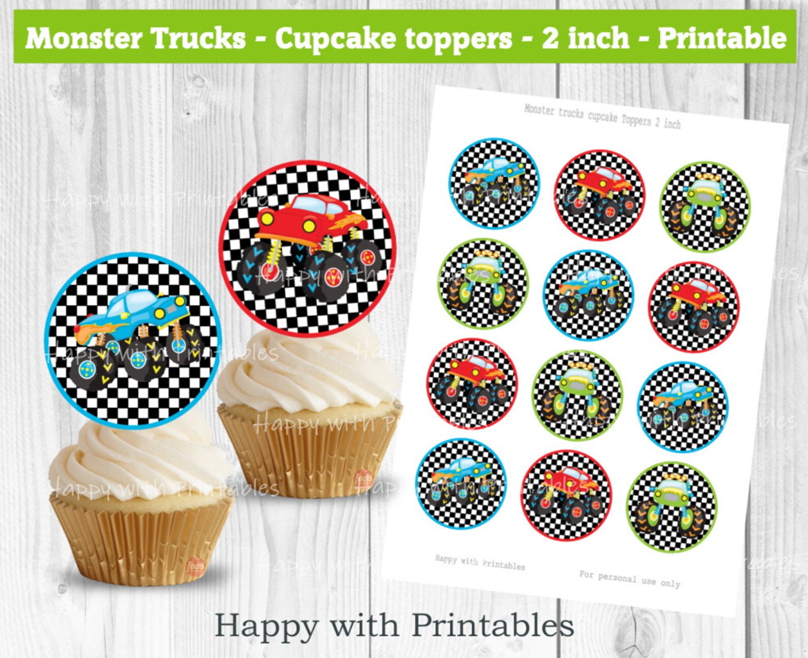 Monster Trucks Cupcake Topper Trucks 2 Inch Toppers | Etsy