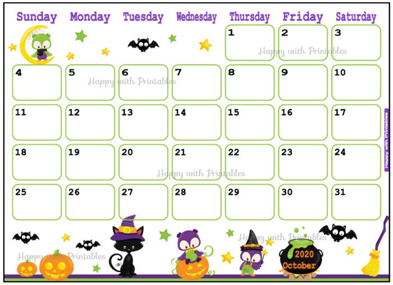 Calendar October 2020 Halloween Planner Printable animals | Etsy