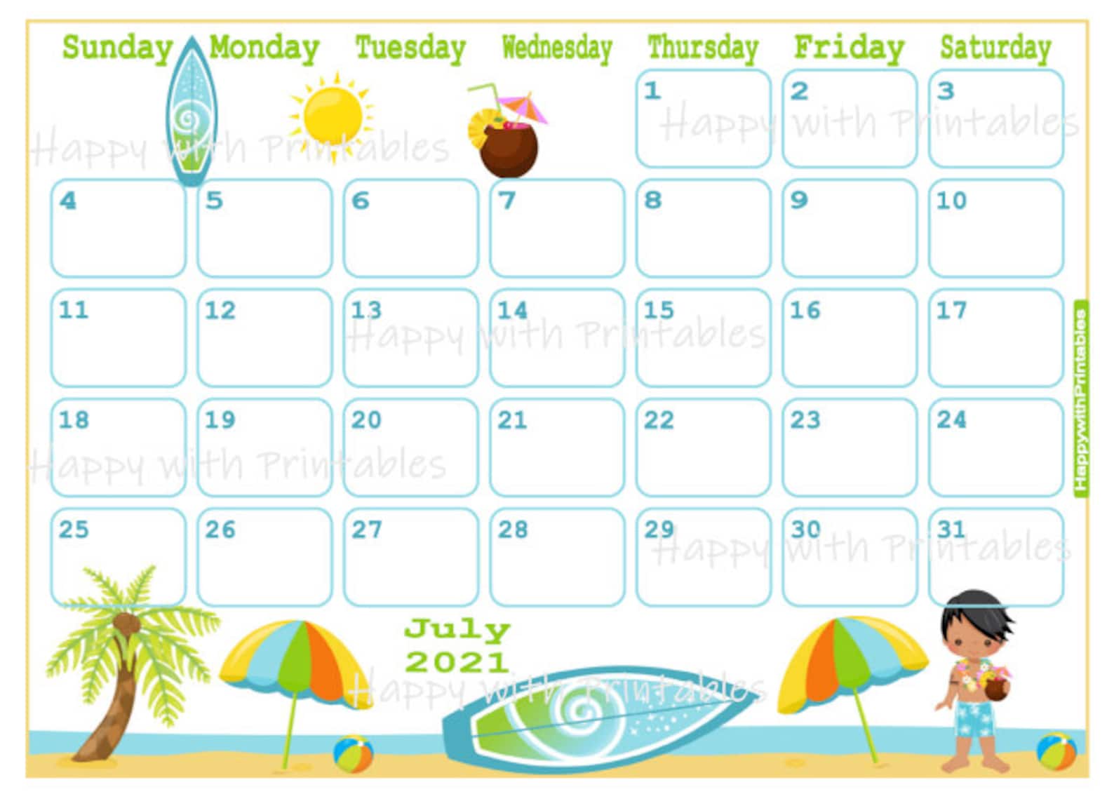 Calendar July 2021 Beach theme Planner Printable Cute | Etsy