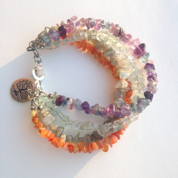 Gemstone Chips Bracelet, Layered,  Labradorite, Green Fluorite, Multi Strand