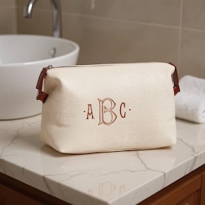 Monogram Vegan Leather Makeup Bag - Personalized Cosmetic Travel Bag - Womens Makeup Bag - Custom Bridesmaid Gift
