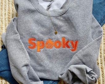 Spooky Halloween Fleece Crewneck Sweatshirt, Spooky Season Embroidered Men, Spooky Shirt Women