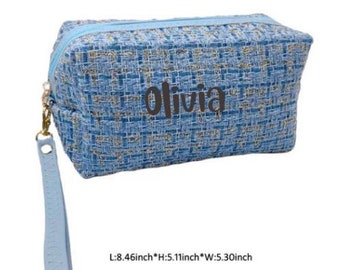 Bolsa de tweed com alça de pulso - Monograma personalizado, bolsa de maquiagem bordada, presente de Natal exclusivo para ela