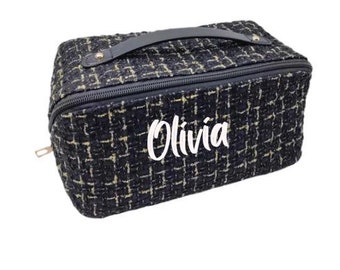 Tweed Zip Around Cosmetic Pouch, Monogram, Embroidered Makeup Pouch, Unique Gift Christmas for Her