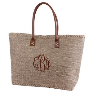 Monogrammed Jute Burlap Tote Bag - Personalized Embroidered Women's Beach Bag - Custom Bridesmaid Gift