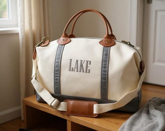 Monogrammed Grey Canvas Weekender Bag - Personalized Travel Duffel