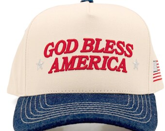 Two Tone God Bless America Embroidered Trucker Hat - Embroidered Vintage Baseball Cap - Distressed Baseball Cap