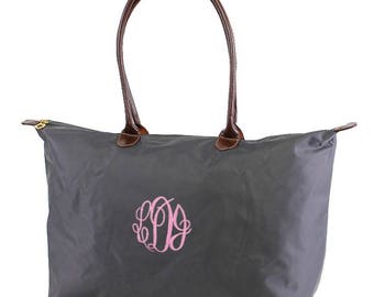 Grey Nylon Tote Bag: Large Monogrammed Zip Top Travel Bag (21 inch)