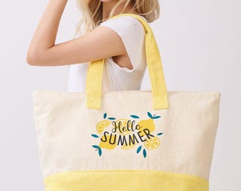 Custom Monogram Hello Summer Lemon Terry Beach Tote Bag - Large Personalized Beach Bag
