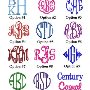 May include: Ten different monogram styles are shown in a grid. The monograms are in various colors and fonts. The monograms are for embroidery and are shown in a circular or diamond shape. The last option is a text-based monogram that says "Century Casual".