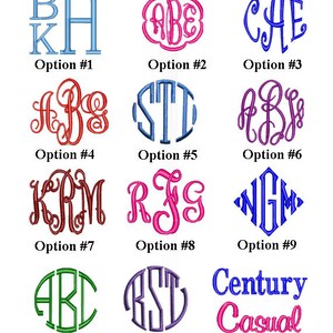 May include: Eleven different monogram font styles are shown in a grid. The fonts are in various colors, including blue, red, green, purple, and pink. The fonts are in a variety of styles, including script, block, and cursive. The fonts are all in uppercase letters.