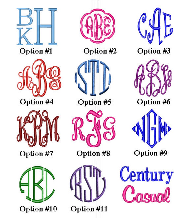 May include: Eleven different monogram font styles are shown in a grid. The fonts are in various colors, including blue, red, green, purple, and pink. The fonts are in a variety of styles, including script, block, and cursive. The fonts are all in uppercase letters.