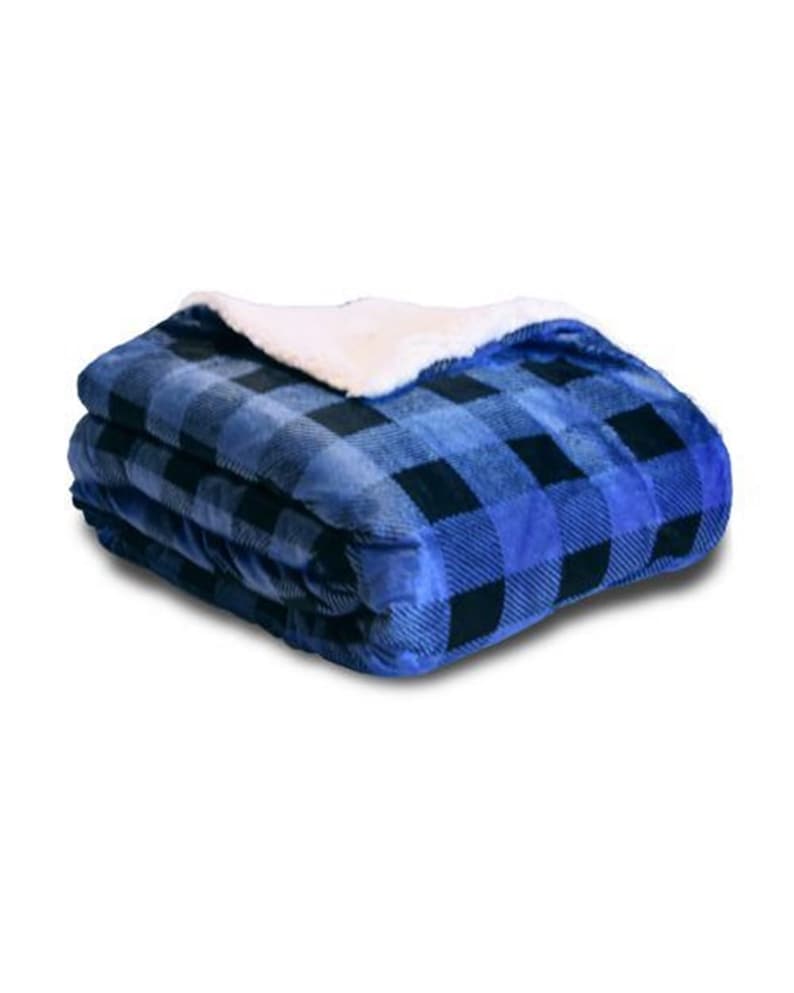 a blue and black blanket with a white blanket on top of it