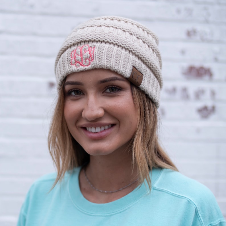 Monogram Beanie Personalized Knit Winter Hat Women's Etsy