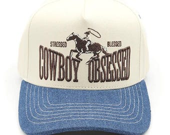 Cowboy Obsessed Embroidered Trucker Hat - Embroidered Vintage Baseball Cap - Distressed Baseball Cap