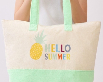 Custom Monogram Hello Summer Terry Beach Tote Bag - Large Personalized Beach Bag