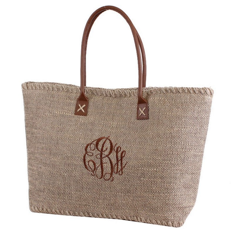 Monogrammed Jute Burlap Tote Bag Personalized Embroidered | Etsy