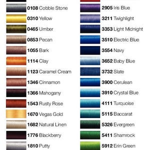 May include: A chart showing thread colors with corresponding numbers. The colors are arranged in rows and columns, with the thread number and color name listed next to each color swatch.