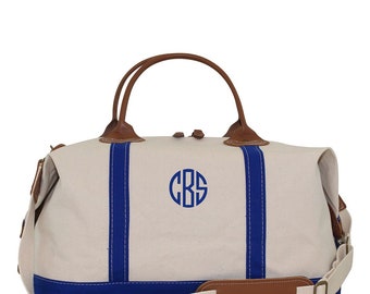 Royal Blue Trim Personal Embroidered Monogram Weekender Bag, Custom Monogrammed Natural or Waxed Canvas Duffel Carry On Tote