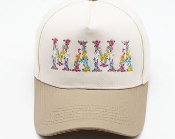 Floral Mama Embroidered Two Tone Trucker Hat - Embroidered Vintage Baseball Cap - Distressed Baseball Cap