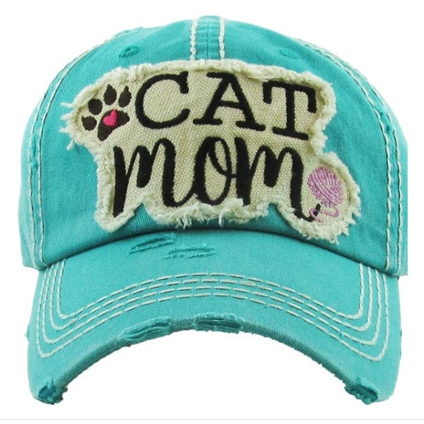 Cat Mom Washed Canvas Hat - Embroidered Distressed Baseball Cap for Women - Gift for Dog Lover