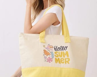 Custom Monogram Hello Summer Parrot Terry Beach Tote Bag - Large Personalized Beach Bag