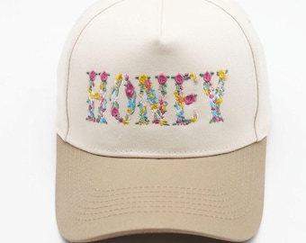 Floral Honey Embroidered Trucker Hat - Embroidered Vintage Baseball Cap - Distressed Baseball Cap