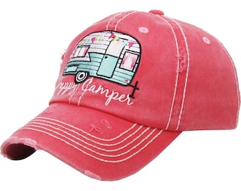 Happy Camper Distressed Hat - Camping Baseball Cap - Embroidered Hat for Women - Gift for Her