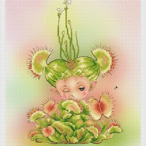 May include: A cross-stitch pattern featuring a winking sprite with green hair styled like Venus flytrap leaves, surrounded by a cluster of spiky, green and pink carnivorous plants. The design includes tall, thin stems with small white flowers.
