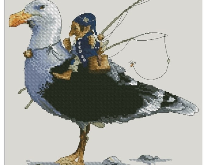 Cross Stitch Chart Gnome Fisherman Seagull  Fantasy Series by Lena Lawson Needlearts - Art of Jean-Baptiste Monge