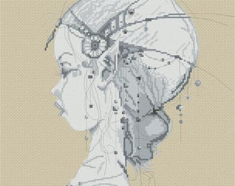 Cross Stitch Chart Elf Girls's Profile Monochrome - Art of Jean-Baptiste Monge