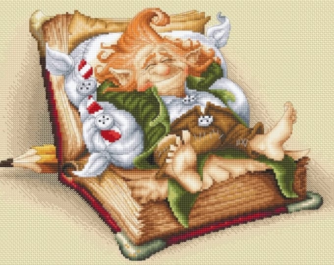 Cross Stitch Chart Gnome's Book Nap by Pascal Moguerou Fantasy Art