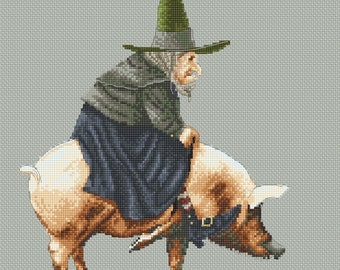 Cross Stitch Chart Witch on Pig  by Jean-Baptiste Monge