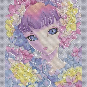 Hortensia Fairy - Big Eyes van Mitzi Sato-Wiuff - Kruissteekkaartpatroon