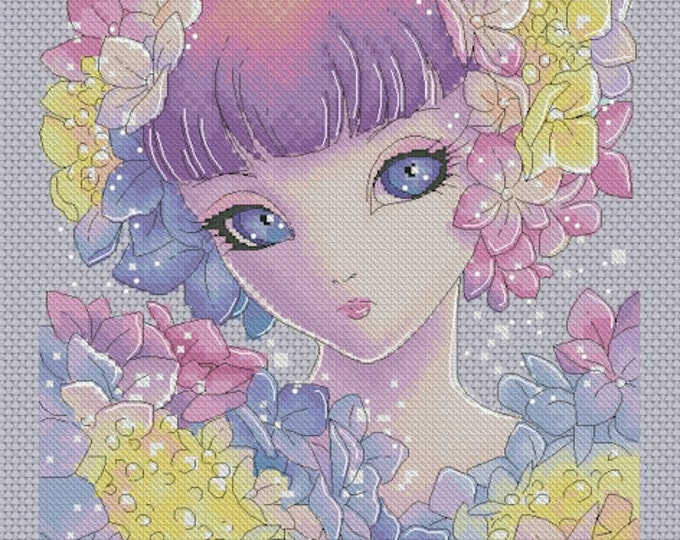 Hydrangea Fairy - Big Eyes by Mitzi Sato-Wiuff - Cross stitch Chart Pattern