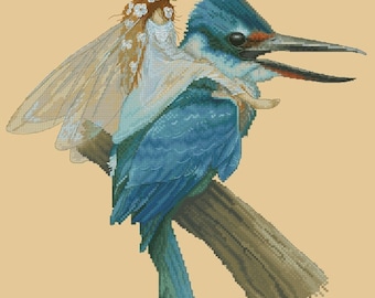 Cross Stitch Chart Pattern Fairy on Kingfisher Blue Bird by Jean-Baptiste Monge