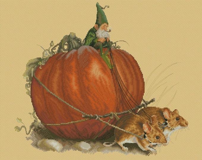 Cross Stitch Chart Gnome Mice Pumpkin Harvest by Jean-Baptiste Monge