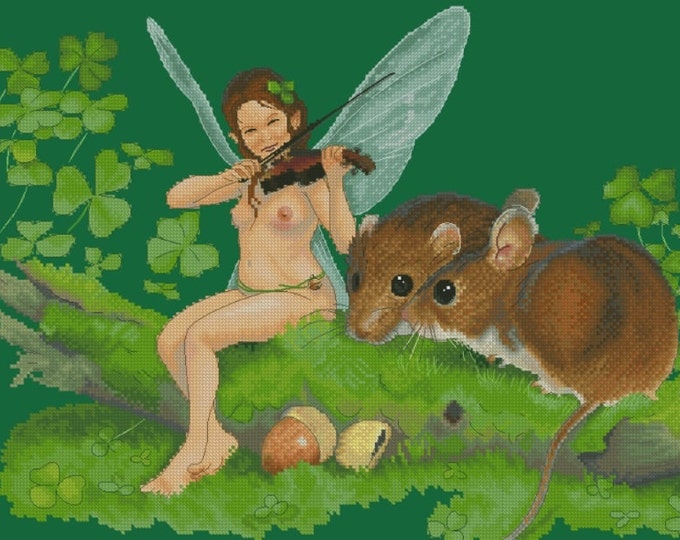 Cross Stitch Chart Fiddler Fairy and Mice by Jean-Baptiste Monge