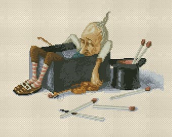 Cross Stitch Chart Gnome Sleeping in the Matchbox - Art of Jean-Baptiste Monge