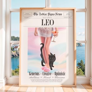 Leo Wall Art, Astrology Decor, Leo Print, Newspaper Art Print, Retro Girls Poster, Leo Home Decor, Leo Artwork, Leo Zodiac Sign