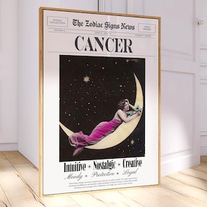 Cancer Retro Newspaper Print, Digital Download, Astrology Home Decor