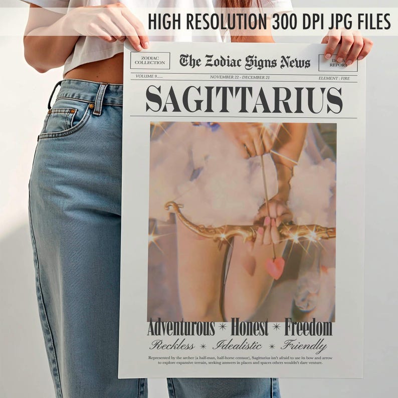 Impresión de Sagitario, Impresión de periódico retro, Póster de astrología, Descarga digital imagen 5