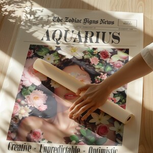 Aquarius Zodiac Print, Retro Newspaper Wall Art, Aquarius Gift for her, Digital Download image 5