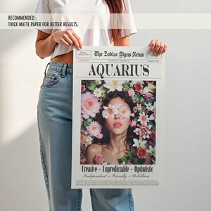 Aquarius Zodiac Print, Retro Newspaper Wall Art, Aquarius Gift for her, Digital Download image 3