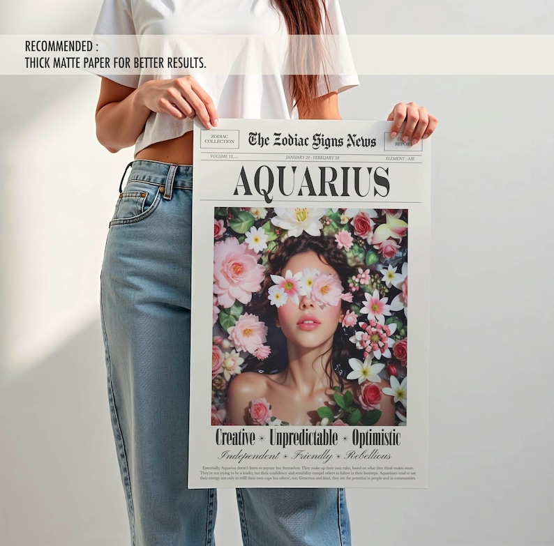 Aquarius Zodiac Print, Retro Newspaper Wall Art, Aquarius Gift for her, Digital Download image 3